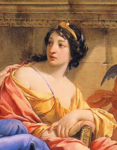Detalhe da musa Calliope no quadro The Muses Urania and Calliope, Simon Vouet